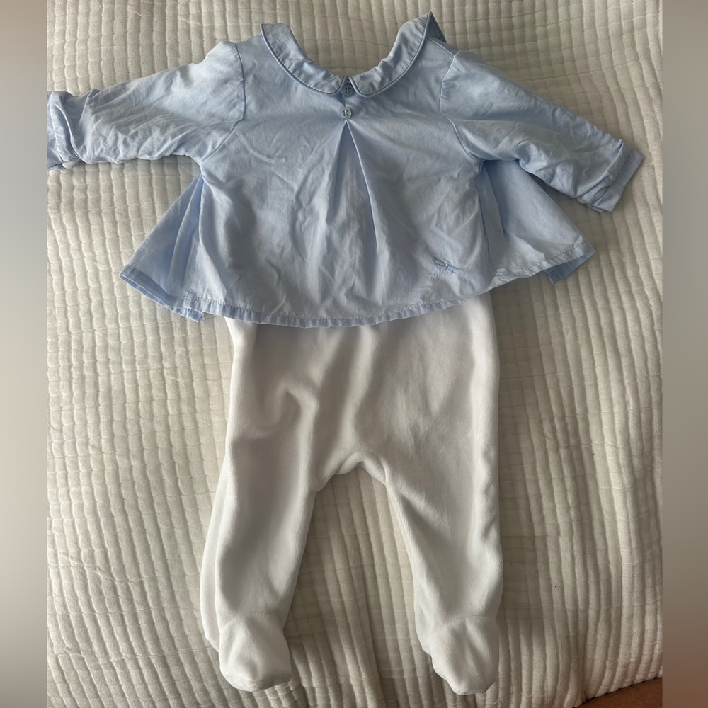 Light Blue Baby Top and White Pants One Piece 3M